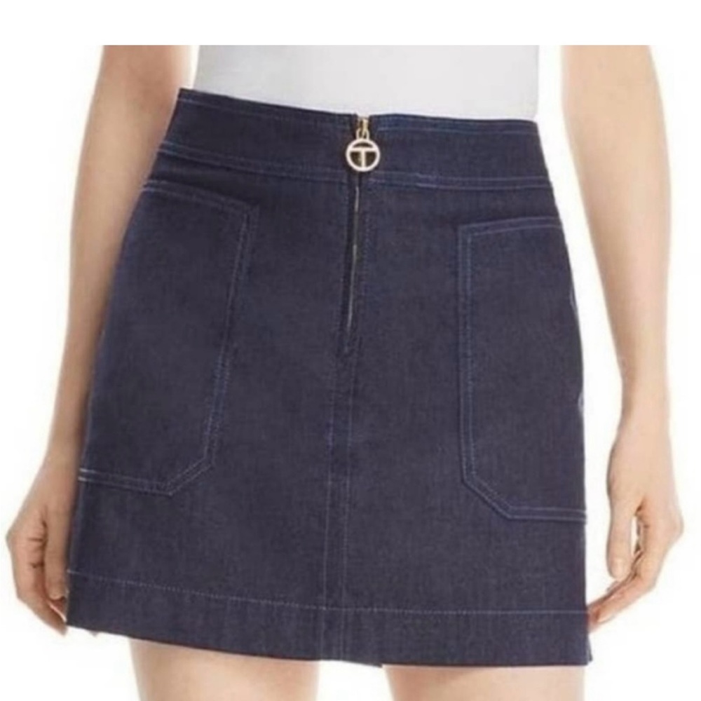 TORY BURCH Elise Chambray Denim Mini Skirt Sz 10 Blue Gold Zipper A-Line - Picture 3 of 3